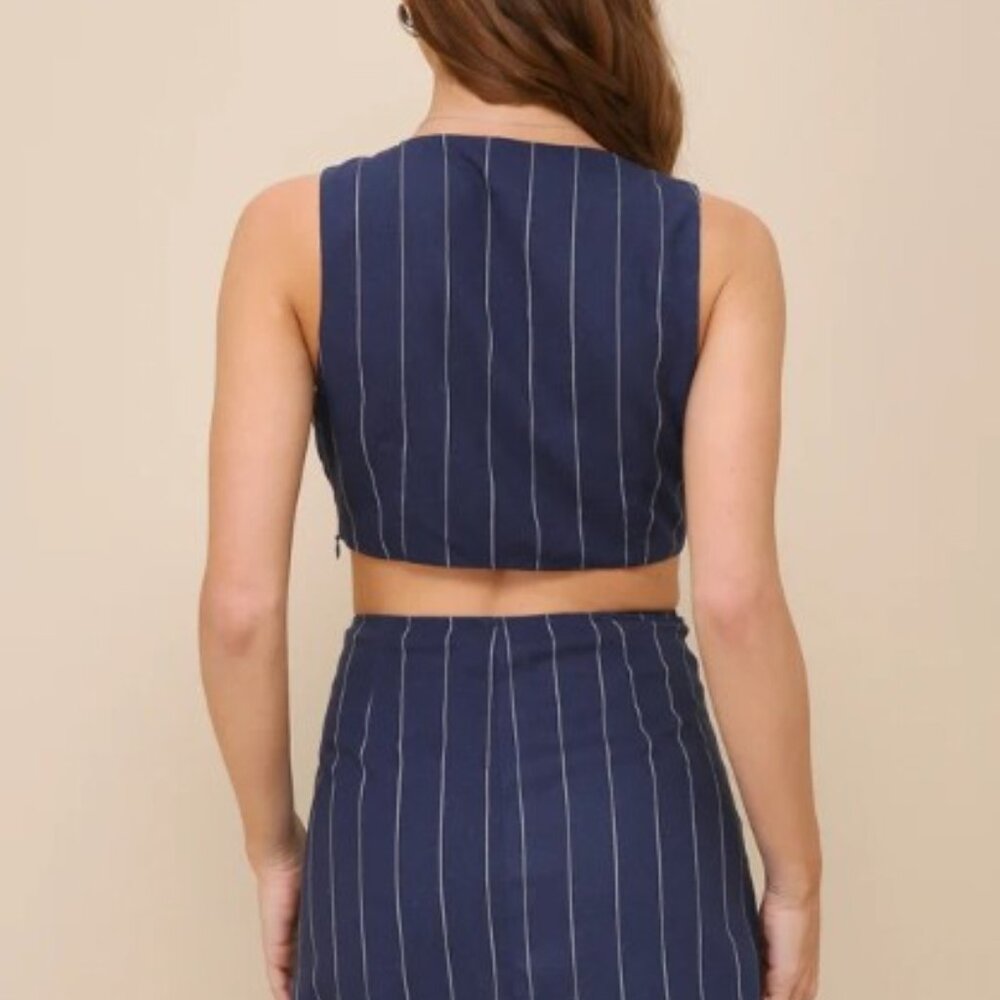 Lulus Navy Striped Linen Cutout O-Ring Mini Dress - Picture 3 of 5